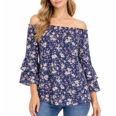 Apt. 9 Womens Navy Floral Mesh Off the Shoulder Tiered Ruffle Sleeve Top Small
