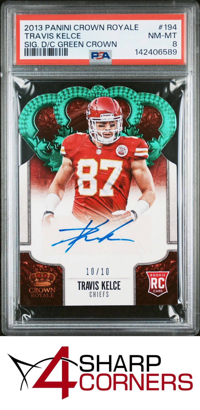2013 CROWN ROYALE SIGNATURE DIE-CUT GREEN #194 TRAVIS KELCE RC #/10 POP 2 PSA 8