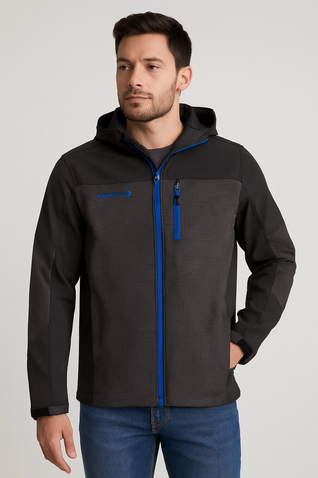 Free Country Men’s Softshell Jacket Size M Black with Blue Accents