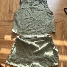 Women  s Green Linen 2-Piece Tank  Shorts Set Elastic Waist Size S