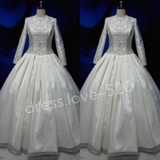 Vintage Wedding Dresses Long Sleeves Scoop Neck Beads Satin Bridal Gowns