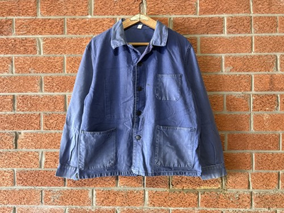 #ad Vintage French Work Chore Jacket SizeM Pit22.5quot; Fade Denim 1970s Tack Buttons AU $66.00