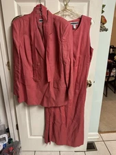 Amanda Smith Pure Linen Dress & Jacket Set Red Pink Suit Set XL 18 Belt Maxi