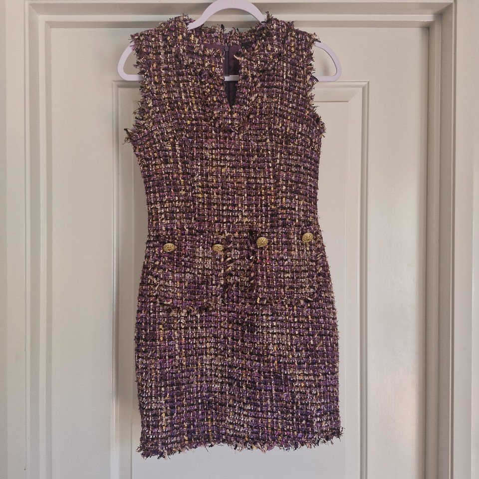 Plaid Tweed Pink Purple Gold Sleeveless Mini Shift Dress Button Size 8 Mshonn Li