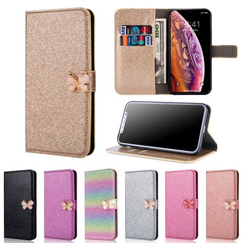 Custodia portafoglio glitter farfalla per iPhone 16e/15/14/13/12/11 XR SE 8 - Foto 1 di 17