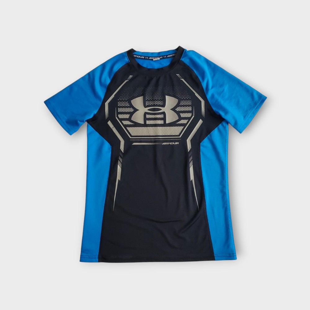 Under Armour Boys HeatGear Short Sleeve Fitted T-Shirt Youth Size L Blue Black