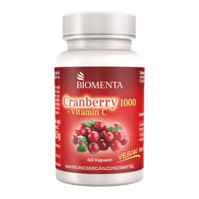 [210,13 /1kg] Cranberry Kapseln 1000 + Vitamin C hochdosiert -BIOMENTA- 60 St.
