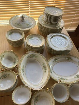 Vintage Noritake Set 66 Pieces Green & Gold Trim Floral