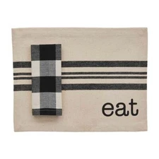 Mud Pie Farmhouse Grain Sack Cloth Black Stripe Placemat Check Napkin Set of 4