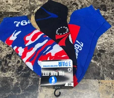 For Bare Feet Ankle Sock 3 Pack Size Lg (M10-13) Basketball Philadelphia 76ers