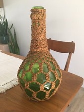 Vintage Macrame Wrapped Glass Green Bottle Vase Bohemian Tiki Nautical Yarn 12  