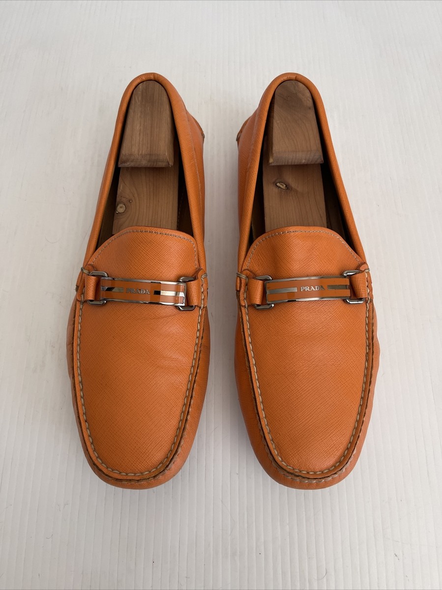 Prada Mens Saffiano Leather Slip On Driving Loafer - Orange - 10US