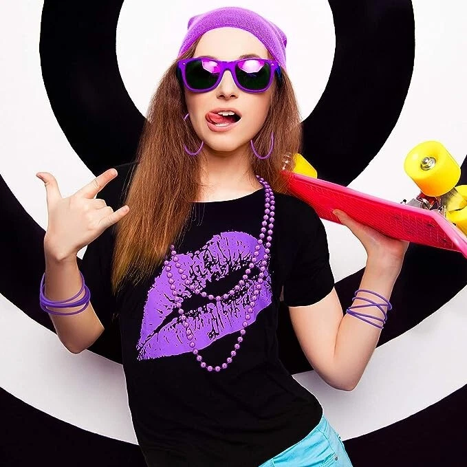 80s Costumes Women, Lips Print T Shirt Lace Headband Earrings Necklace Bracelet - Image 4 of 4