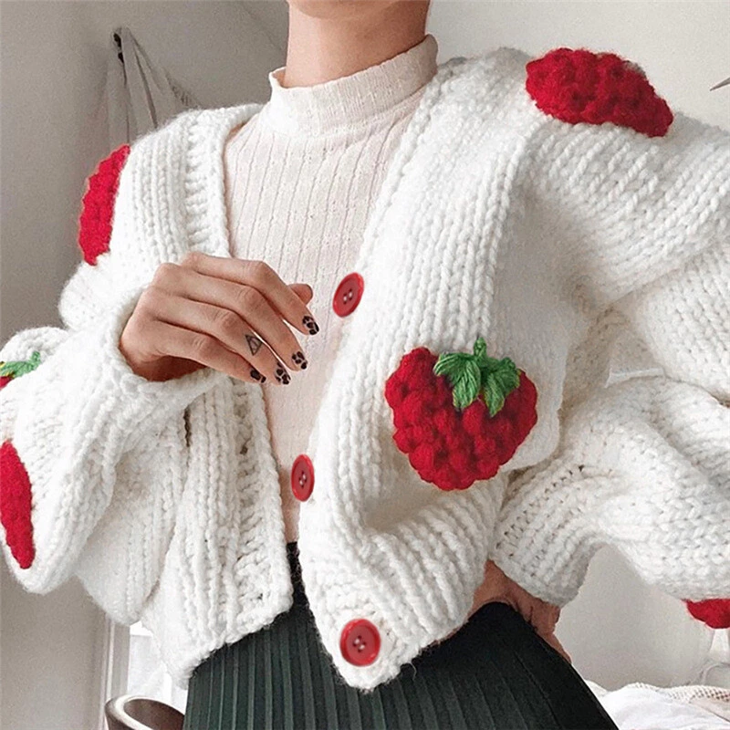 Womens Long Sleeves Knitted Sweater Single Breasted V Neck Strawberry  Cardigan