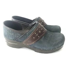 Dansko Pavan Blue Leather Crocodile Print Embossed Studded Clog Sz 38 US 7.5 - 8