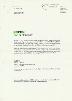 Suede - Oosterpoort, Groningen - April 14, 1995 [Holland] - Press Release