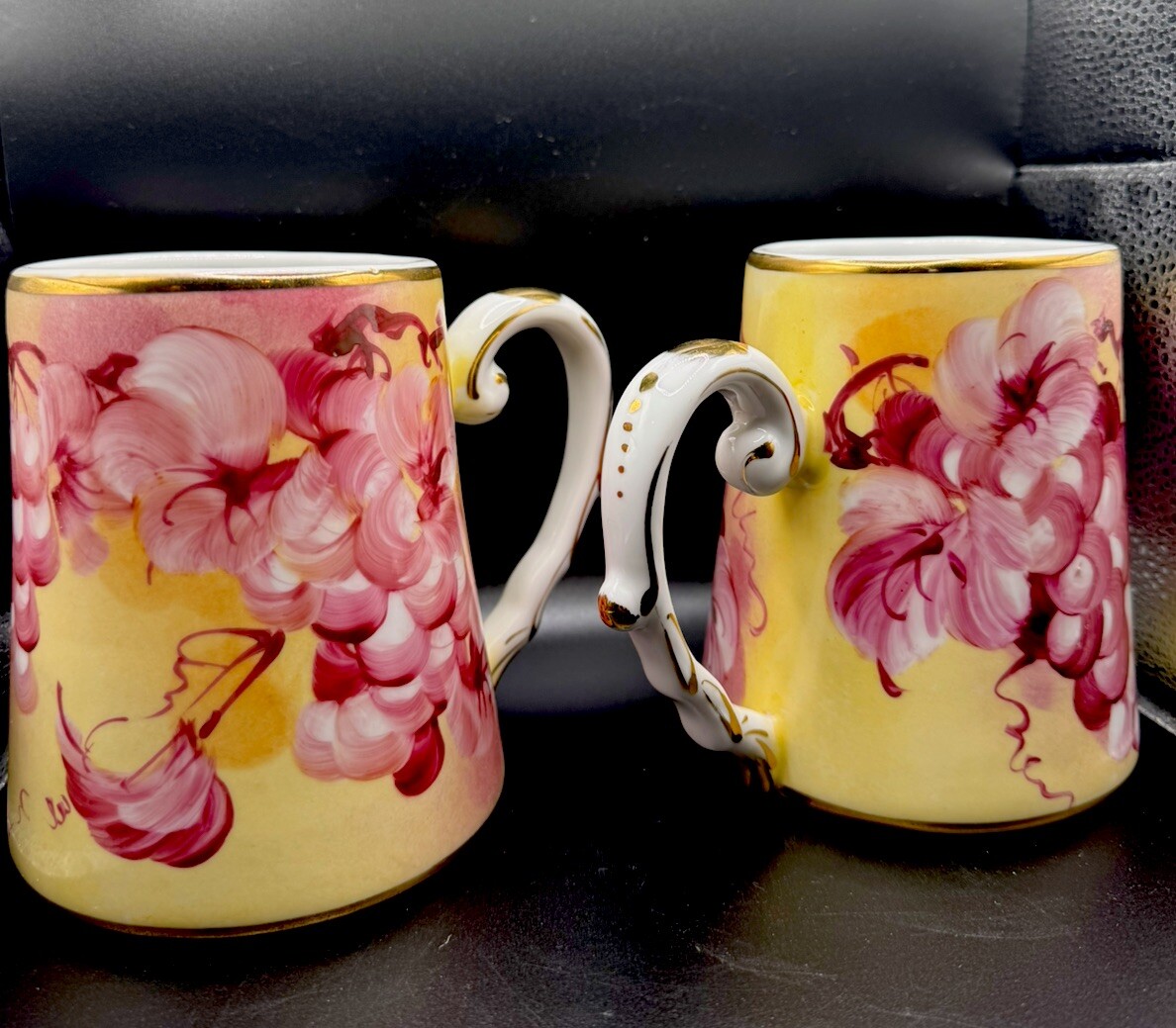 Vintage Beautiful Reproduction Limoges  Mugs Yellow Pink Grapes HandPainted Gold