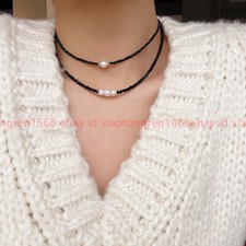 2 Rows Faceted 3mm Round Black Spinel White Freshwater Pearl Necklace 14-16''