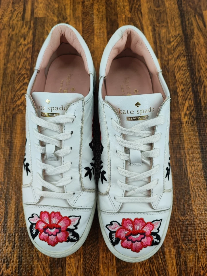 Kate Spade Women's Everhart Floral Leather Embroidered White Sneakers Size 6.5M  - Image 4 of 4