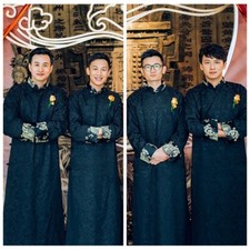 Homme Chinois Traditionnel Mariage Manteau Kung Fu Costume Robe Vintage Noir