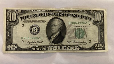 1950 B Ten Dollar Federal Reserve Note Old Vintage $10 Bill