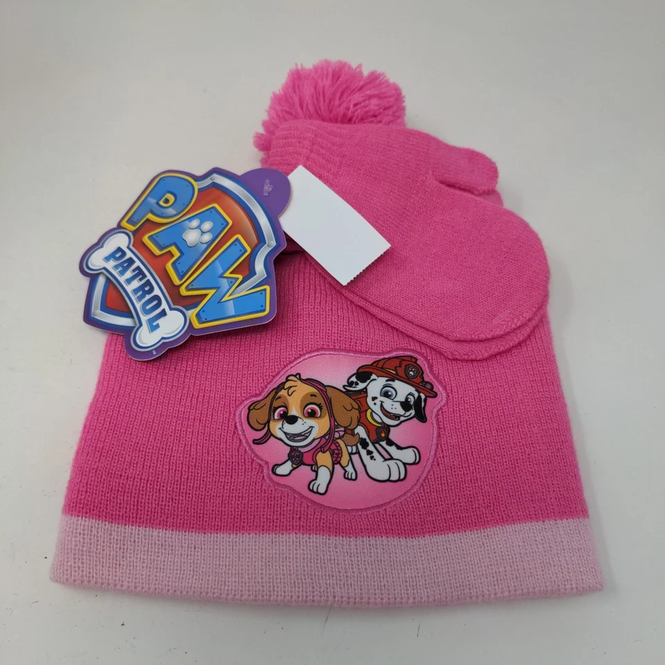 Paw Patrol Toddler Knit Pom Pom Beanie Hat & Mittens Set Pink One Size W/Tags - Image 2 of 4