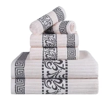 6-Piece Cotton Towel Set, Decorative Greek Pattern, Home Essentials, Absorben...