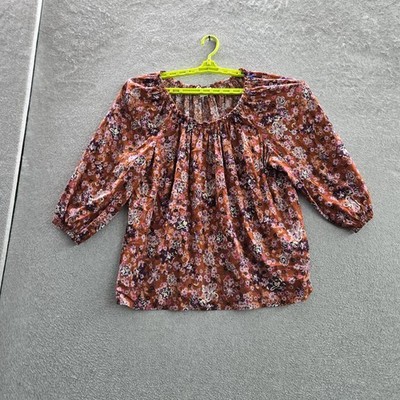 Sonoma Women Blouse 1X Brown Floral Peasant Balloon Sleeve Pullover Casual