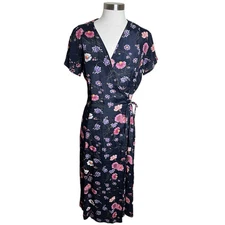 Vintage Sostanza Dress Womens M Dark Blue Floral Midi Wrap V Neck Cottagecore