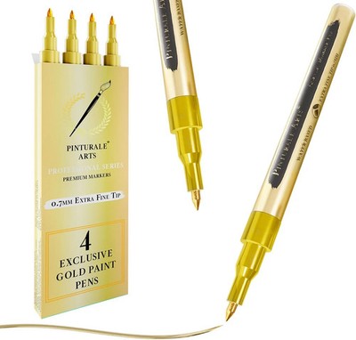 Pinturale Arts 4 Gold Paint Pen Fine Tip | Set 4 Gold Paint Marker Metallic | Ex