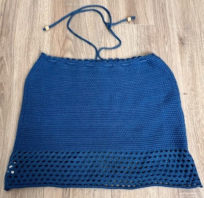 Vintage Y2K 2000s Womens Sz S Crochet Knit Strapless Tank Top Boho Blue Festival