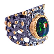 925 Sterling Silver Gemstone Black Opal Ring Gold Plated Jewelry CYBER MONDAY