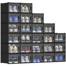 TAUS 12/18/20/24 PCS Shoe Storage Box Clear Stackable Shoe Container XL Black
