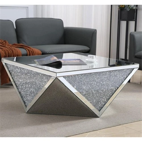 Elegant Decor Modern 38" Square Polygonal Silver Crystal Mirrored Coffee Table - Picture 2 of 5