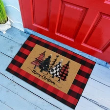 2 Pcs Christmas Front Porch Rug Buffalo Plaid Christmas Front Door Mats Imita...