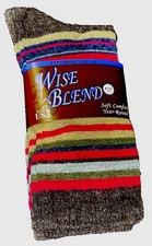 2 PAIR Wise Blend Ladies Merino Wool BROWN Color Stripe Full Cushion Crew Socks