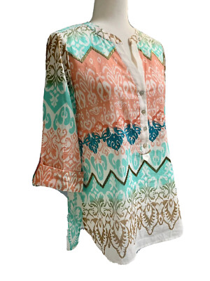 Chico's Batik Beauty Norah Top Tunic Embroidered Embellished Cotton Size 0 /US 4