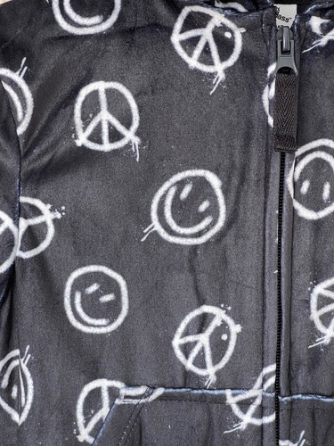 Art Class Black Smiley / Peace Print Fuzzy Hooded Zip-Front No-Feet Pajamas - XL - Picture 9 of 12