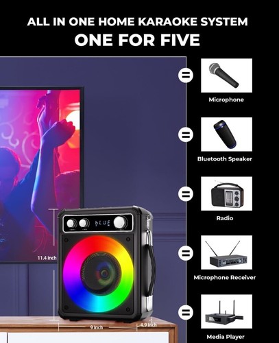 Karaoke Machine, Portable Bluetooth Karaoke Speaker with 2 Wireless - Picture 3 of 5