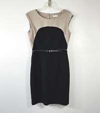 CALVIN KLEIN Size 8 Women's Tan Black Elegant Belted Pencil Sleeveless Dress