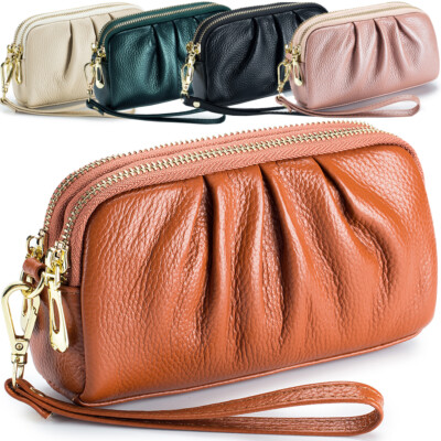 Womens Leather Hand Collar Bag Zipper Large Capacity Cowhide Phone Clutch Wallet