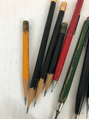 VTG Asstd Pens, Pencils, Sharpener, Erasers, Compass & Correction Fluid (½ Full)