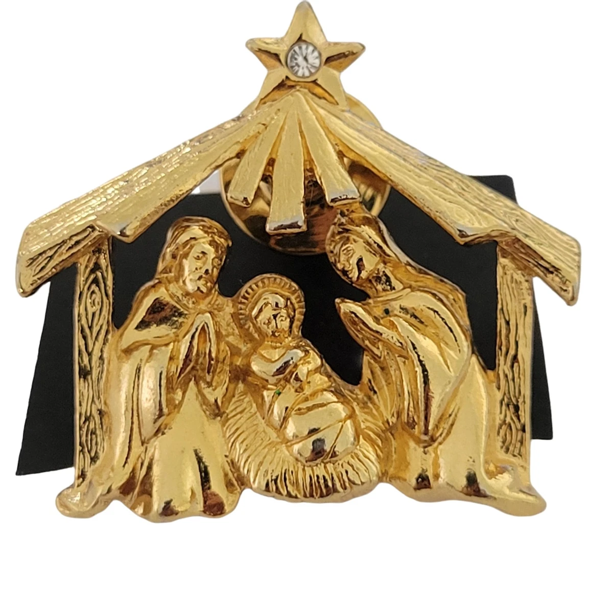 Nativity Gold Tone Brooch Lapel Pin White Crystal Star Jesus Mary Joseph Size 1