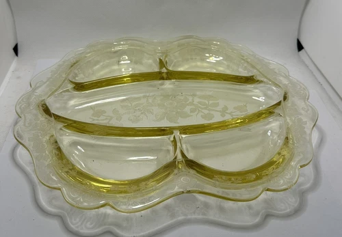 Vintage Cambridge Glass Apple Blossom Yellow 5 Part Relish Dish Vaseline UV GLOW