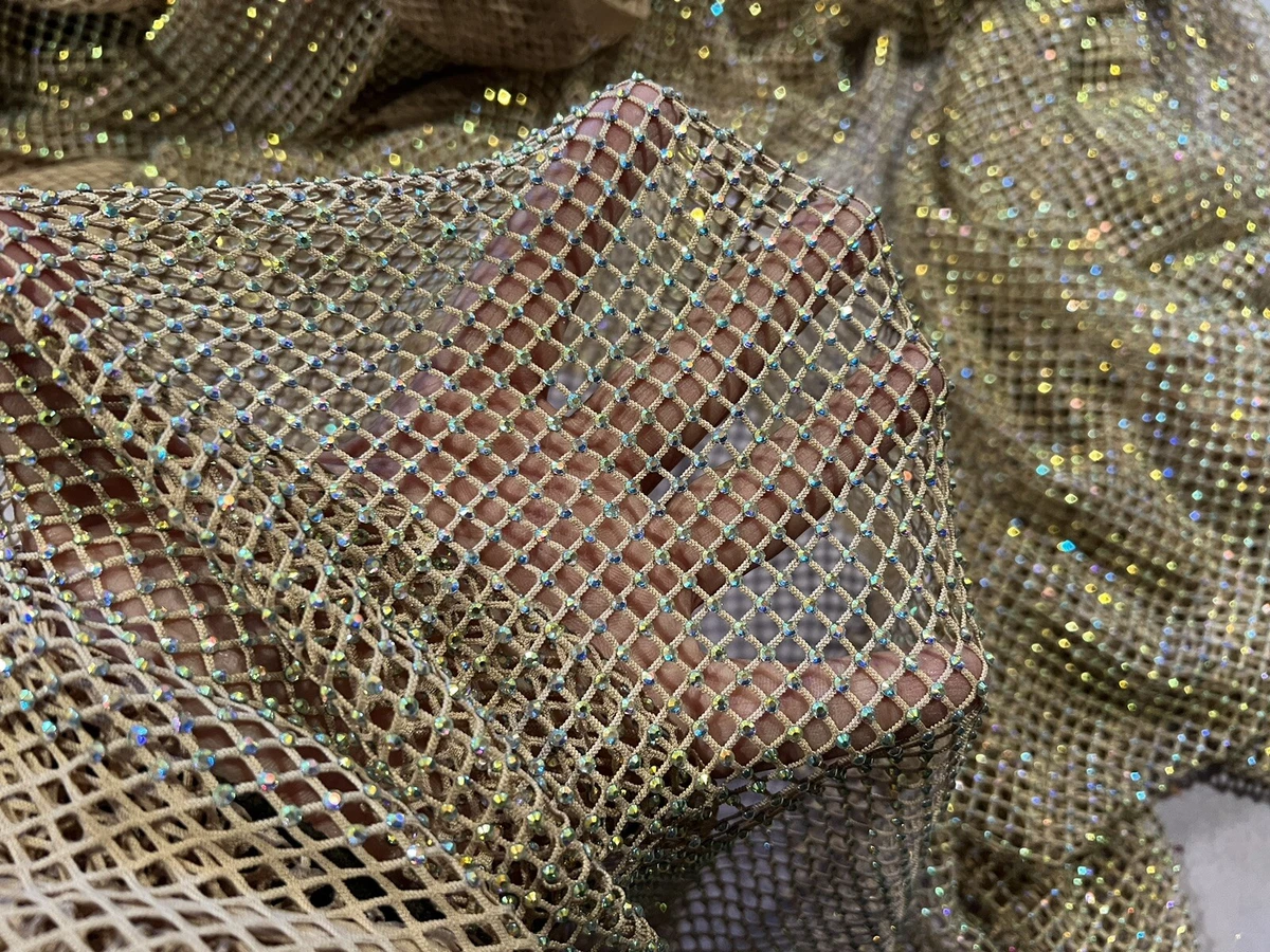 Rhinestones Beaded Fabric By The Yard on Stretch Mesh