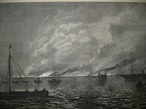 1874 Burning of the Landing Stage at Liverpool England Ship Wood Antique PRINT