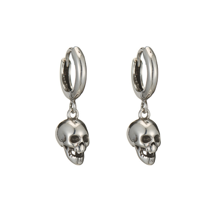 Tibetan Silver Biker Men Women Dangling Skull Huggie Hoop Earrings