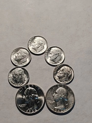 Washington Quarter & Roosevelt Dime Lot Of 7 Coins XF+🔥$1 Face 90% Silver🔥 #61