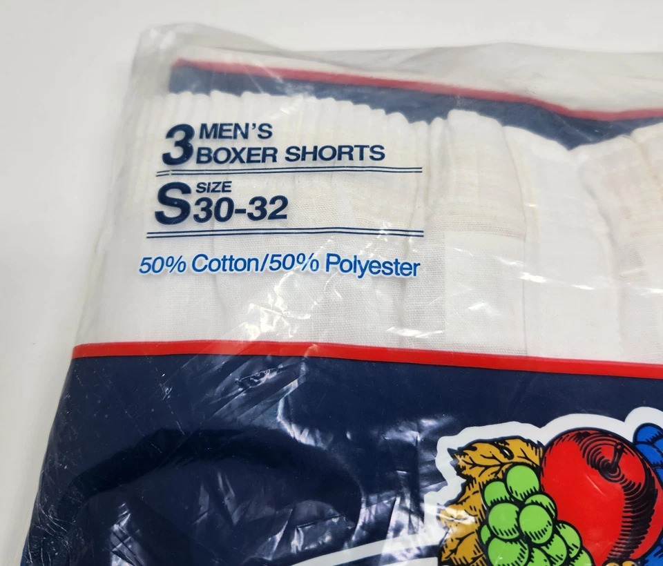 Vtg New 1989 FRUIT OF THE LOOM White Mens 3pk Boxer Shorts Underwear sz S 30-32 - Image 3 of 4