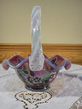 Fenton for QVC Opalescent Plum Square Twist Cresent Edge HP Glass Basket Signed
